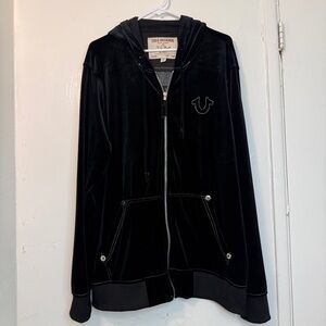 True Religion Velour "Big T" Zip-Up Hoodie in Onyx Black